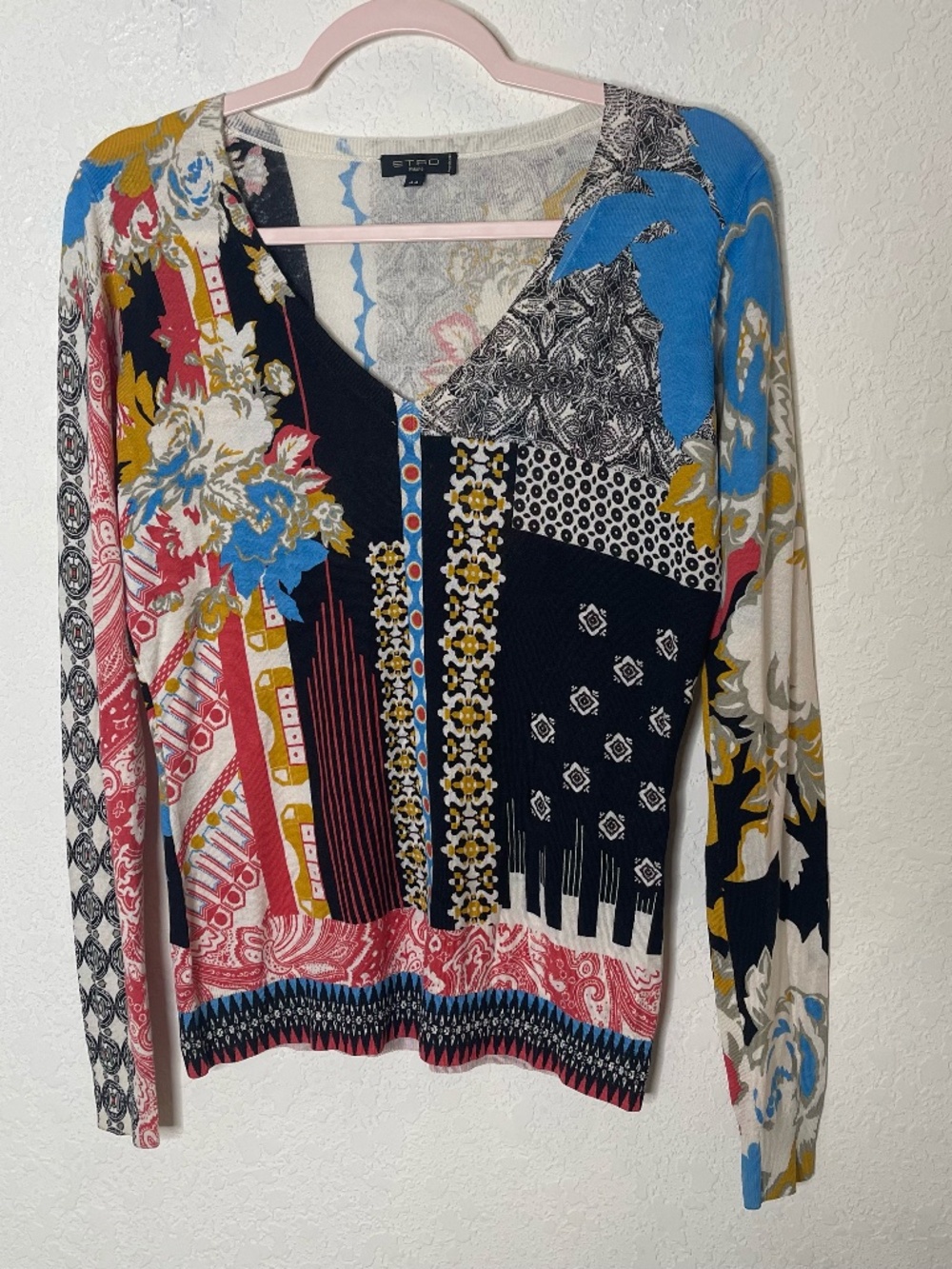 ETRO Milano Womens Sz IT 44 Paisley Patchwork V Neck Long Sleeve Knit Top ITALY